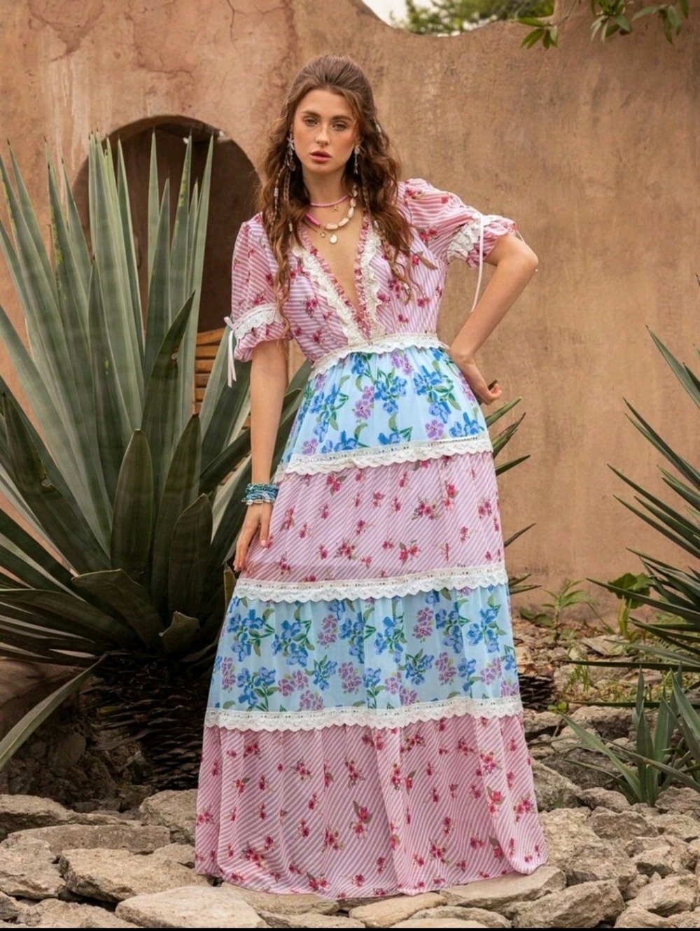 Floral Tiered Maxi Dress in Pink and Blue - Picture 12 of 16